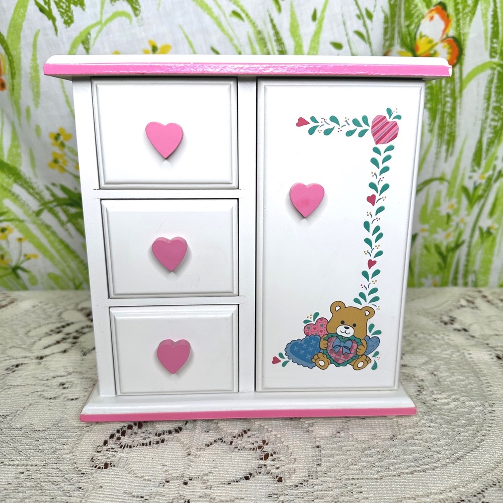 Vintage Wooden Jewelry Box Armoire White Pink Heart Knobs Teddy Bear Carousel